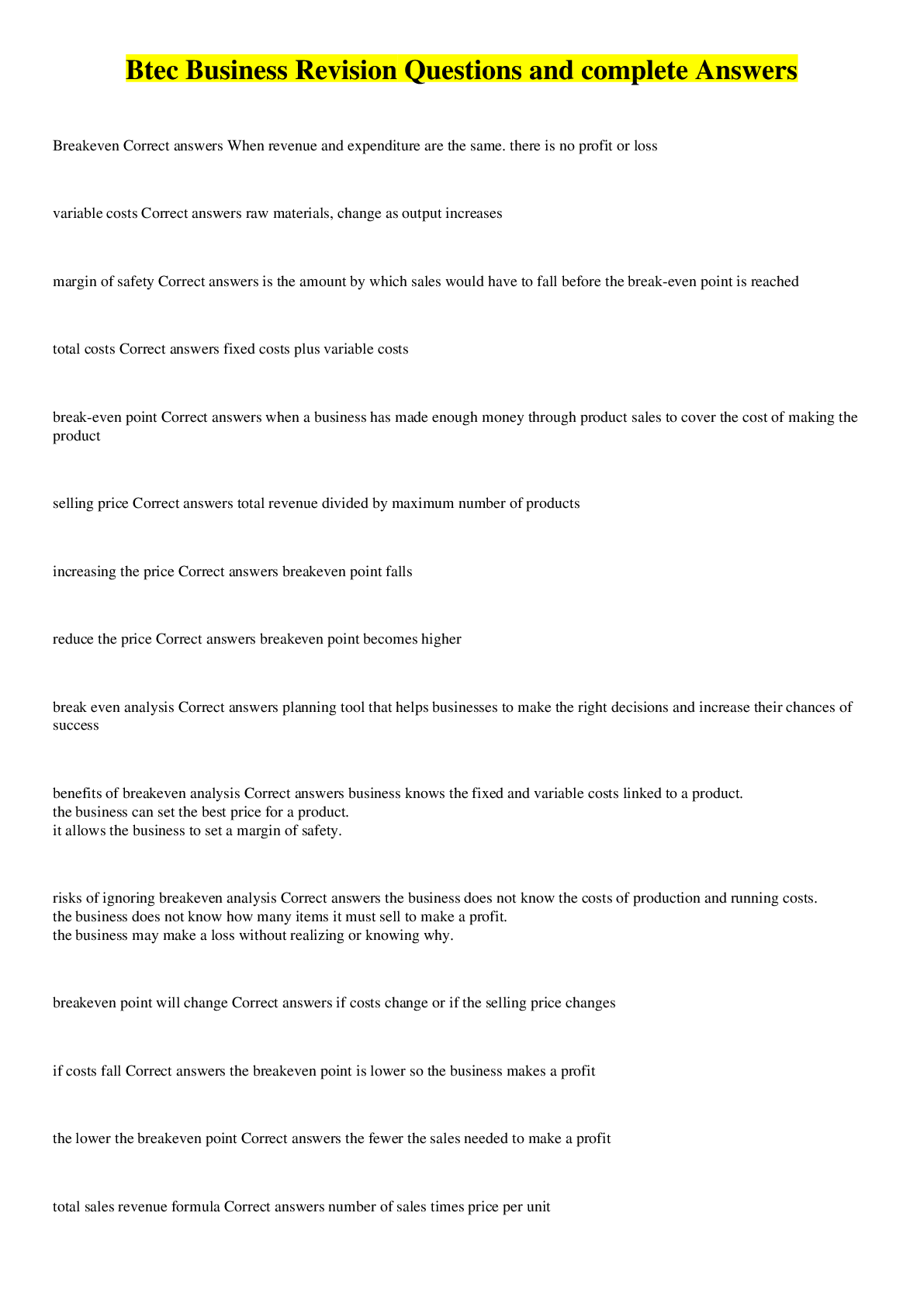 Preview image for Btec Business Revision Questions and complete Answers